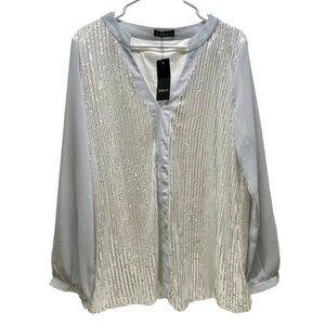Sheilay Women's 3X Blouse Grey Silver Shimmery Sequin Pullover V- Neck Tunic NWT